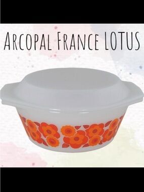 Arcopal France “Lotus” Opal Glass Casserole Dish with Lid Vintage 1970s Floral